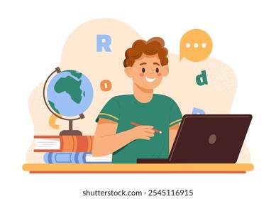 Boy with online learning. Kid with laptop, globe and stack of books. Remote education and training. Preschool student doing homework. Flat vector illustration isolated on white background