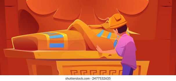 Boy open ancient egyptian sarcophagus in temple. Egypt palace interior with pharaoh tomb and kid in helmet cartoon illustration. Museum gallery with afterlife god sculpture and hieroglyphics symbol