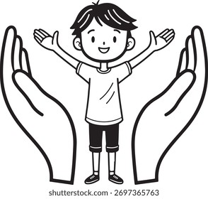 Garoto com braços abertos entre as mãos protetoras proteção infantil.