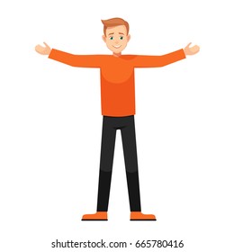 boy with open arms.character in various poses: wide-open arms, welcoming posture, demonstrates something. vector illustration with isolated object