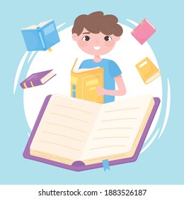 chico con libro abierto, libros con literatura de marcadores aprenden el concepto de ilustración vectorial