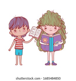 boy with open book and girl reading fantasy book isolated design vector illustration