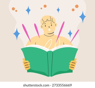 Menino com livro aberto nas mãos lê conto de fadas com interesse. Ilustração vetorial colorida