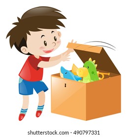 Boy open box full of toys illustration