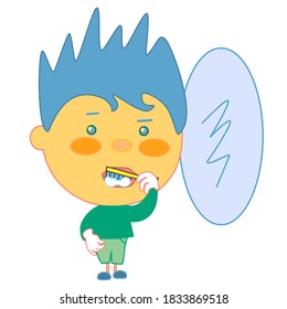 boy with open mouth that is brushing teeth using a toothbrush and a toothpaste, simple colored emoticon, vector emoji in color on white isolated background