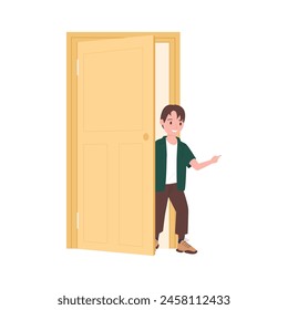 Boy opening and coming out from behind yellow door, front view vector illustration