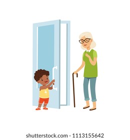 Boy opening the door to an elderly woman, kids good manners concept vector Illustration on a white background