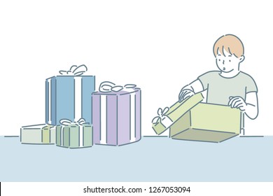 A boy is opening a gift box. hand drawn style vector design illustrations.