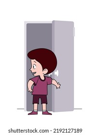 boy opens the door. vector illustration. children. visit. the child leaves the room or apartment