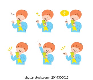 Boy operating a smartphone Positive facial expression set