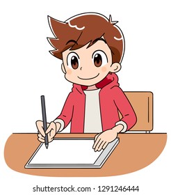 A boy is operating the tablet terminal. He uses a stylus pen.