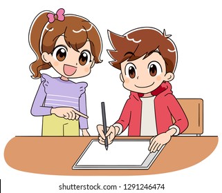 A boy is operating a tablet terminal while using a stylus pen. With A girl.