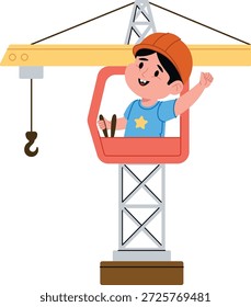 El operador del niño conduce una grúa torre en una cabina, sonriendo y levantando un puño con la palanca de control y el gancho visibles. Símbolo de ambición, carrera en la construcción, aprendizaje. Ilustración vectorial de dibujos animados.