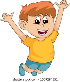 
the boy in orange and blue pants are jumping happily. cartoon vector illustration