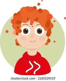 Niño con pelo naranja y capucha roja, ilustración, vector sobre fondo blanco.