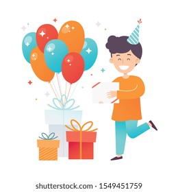 Boy in an orange shirt with a gift. Vector illustration.
