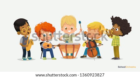 Boy Orchestra Play Different Music Instrument. Jazz Band Performance. Trumpet, cello, ukulele, tympani drums, saxophone. Pupil Acoustic Star. Drum Stereo Sound Flat Cartoon Vector Illustration