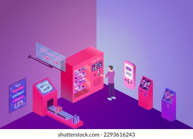 Boy ordering cupcake in a store near ATM. Flat colorful illustration.