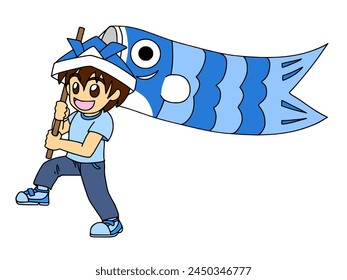 A boy in an origami helmet holding a carp streamer