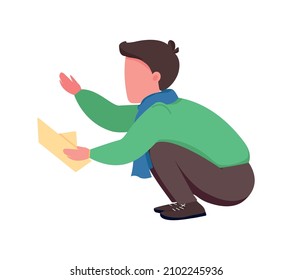 Boy with origami ship semi flat color vector character. Holding toy figure. Full body person on white. Autumn activity isolated modern cartoon style illustration for graphic design and animation