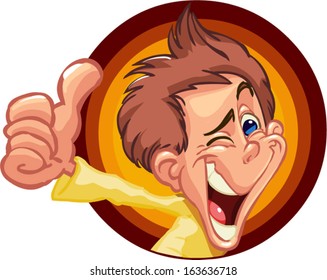 Boy out of the brown circle shows the thumbs pack with both Hans