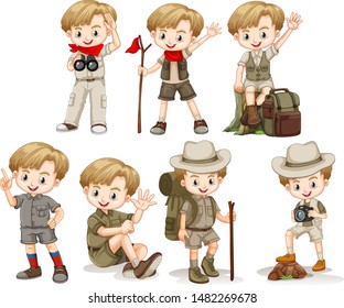 Boy in outdoor outfit doing different things illustration