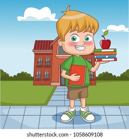 Boy outside school building
