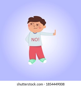 
Niño con mano extendida. El chico está en negación. Falta de deseo. Caracteres para historias