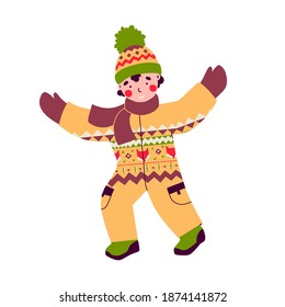 Niño en overoles en invierno para diseño de ropa. Imagen vectorial.