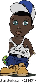 A boy with oversized clothes holding a lolly