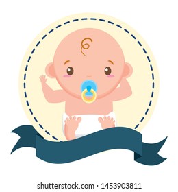 boy with pacifier sticker on white background baby shower vector illustration
