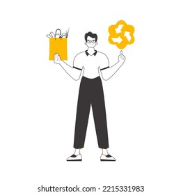 Paquete con productos y logotipo ecológico. El concepto de productos ecológicos Estilo lineal. Aislado sobre fondo blanco. Ilustración vectorial.