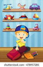 Boy packing bag in room illustration