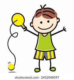 Boy and paddleball uno, tennis racket and ball, sport, vector illustration