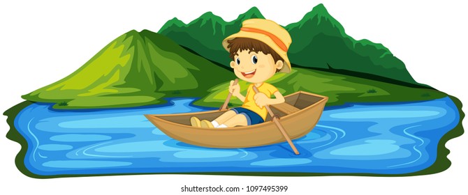 A Boy Paddling Boat illustration