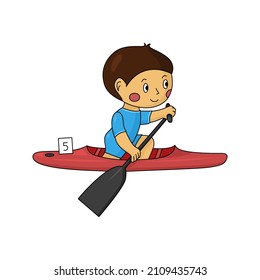 Boy paddling on canoe. Vector illustration of canoe sprint boy. Cartoon kid canoeing on racing boat with one blade paddle.