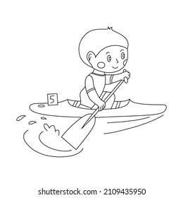 Niño chapoteando en la canoa. Ilustración vectorial del chico de la huella de la canoa. Canotaje infantil de caricatura en canoa de carreras. 