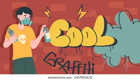 Boy paint graffiti at wall concept. Young guy with face mask, spray paint and text. Hoodligan and vandal near red brick wall. Street art and grunge. Cartoon flat vector illustration