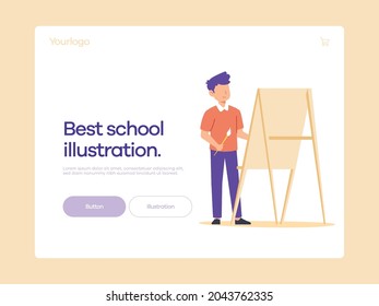 Boy with paintbrush at drawing lesson. Illustration for web design or mobile application.