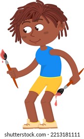 Boy with paintbrush. Kid artist painting. Cartoon character