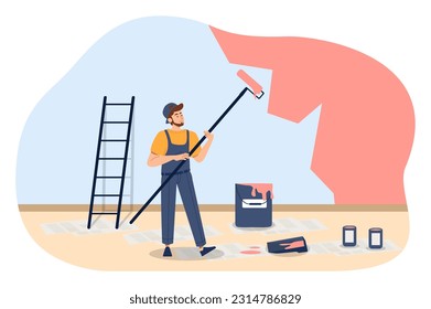 Boy painter at workplace concept. Man in uniform with roller and bucket painting wall. Renovation and repair. Decorator job with roller brush and paint cans. Cartoon flat vector illustration