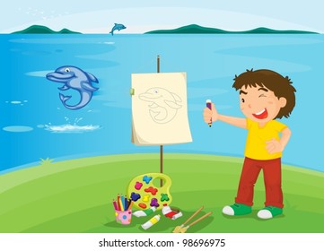 boy painting at beach