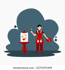 boy painting canvas with acrylic paint and palette. short hair, faceless, full body, and cartoonish person. vector illustration for poster, website, and social media.