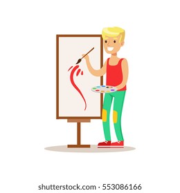 Boy Painting, Creative Child Practicing Arts In Art Class, Kids And Creativity Themed Illustration