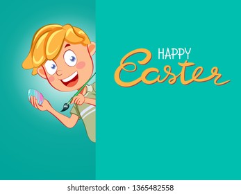 Boy painting on Easter egg. Happy Easter greeting card. vector illustration 