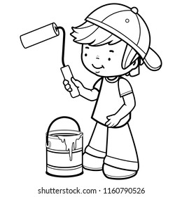 Boy painting with a paint roller and a paint bucket. Vector black and white coloring page.