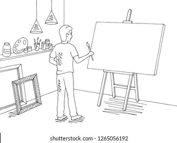 Boy painting a picture art workshop graphic black white interior sketch illustration vector