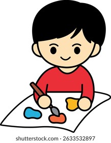 A boy painting a picture with a brush