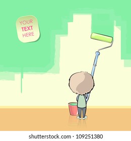 Boy painting the wall with a brush. Vector illustration.