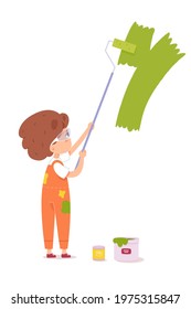 Boy painting wall green colour with roller in kindergarten. Kid doing creative art in school vector illustration. Little happy child drawing, cans on floor isolated on white background.